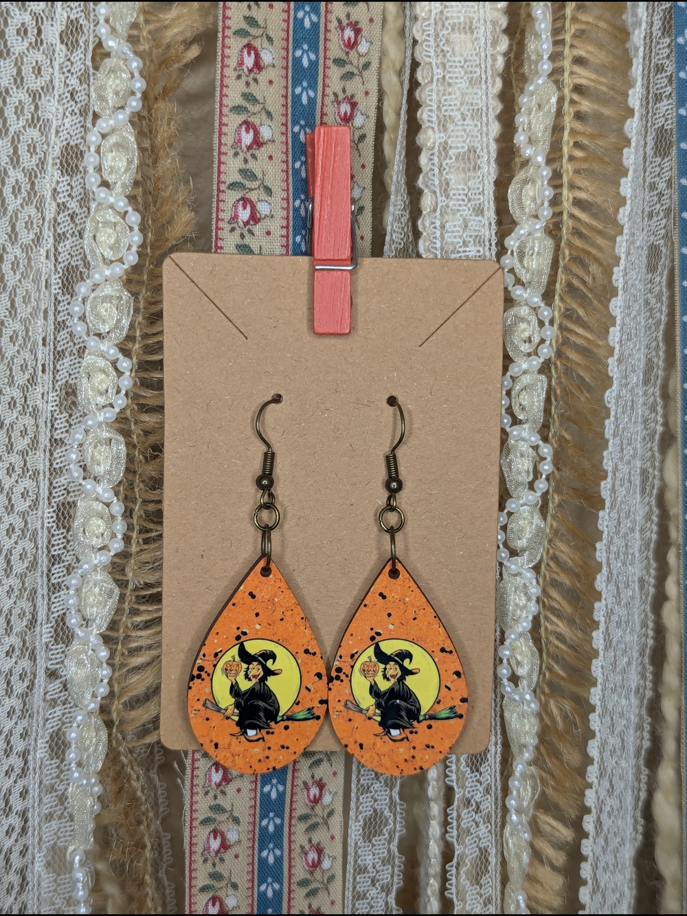 Handmade Halloween Witch Teardrop Earrings in Orange and Black